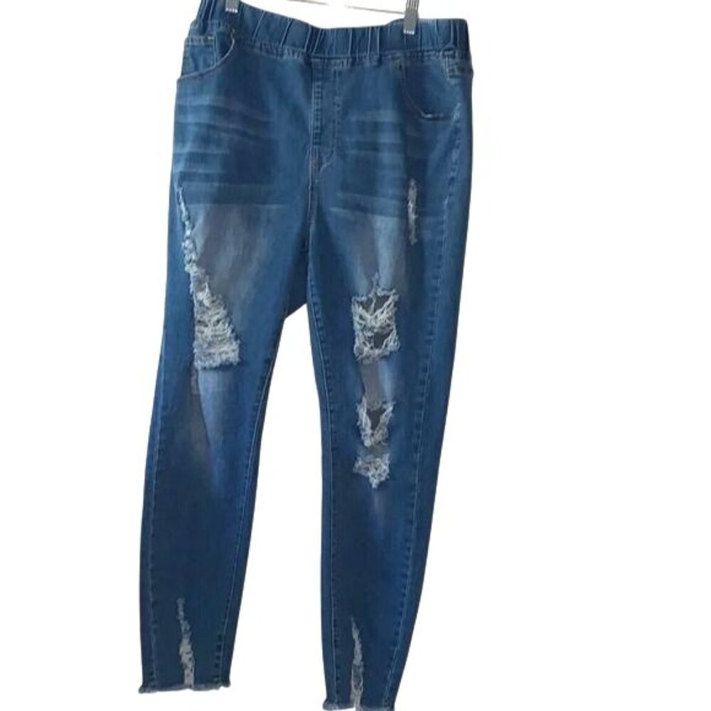 Shein Curve 2XL Distressed Blue Denim Jeggings With Elastic Waistband
